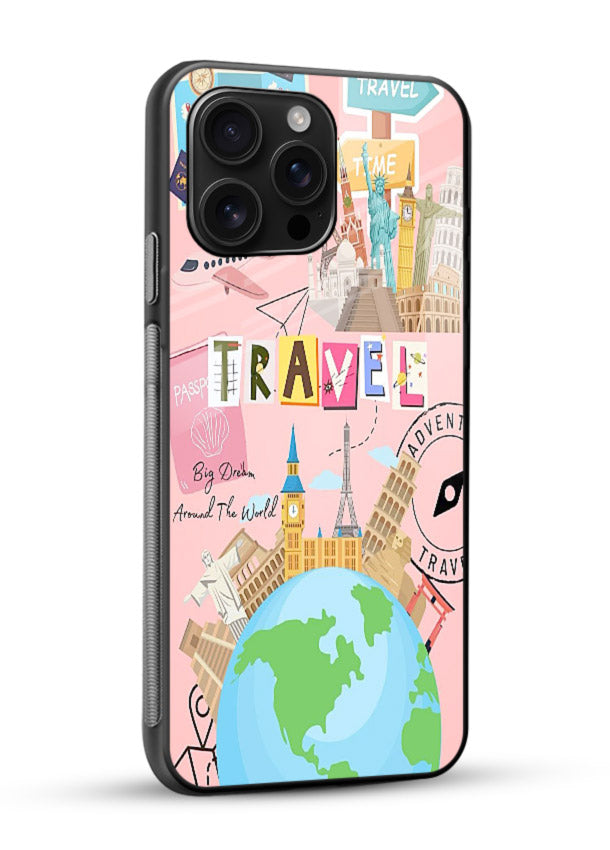 Pink Travel Adventure collage artwork glossy vibrant premium glass back cover - Angle Side