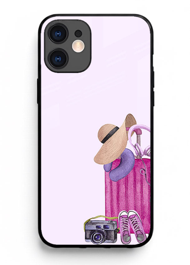 Pink Travel Luggage essentials artwork iphone 11 glass back cover