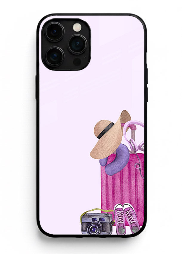 Pink Travel Luggage essentials artwork iphone 14 pro max glass back cover