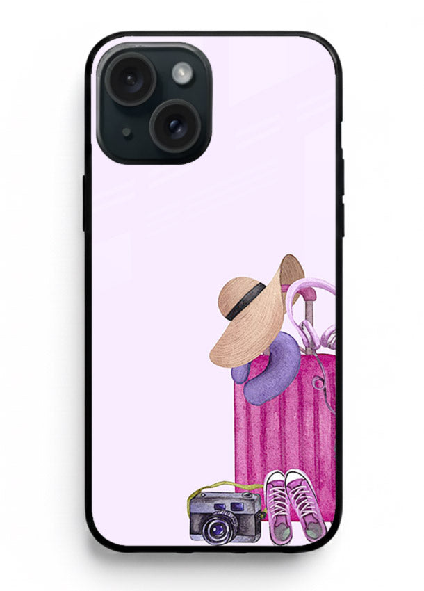 Pink Travel Luggage essentials artwork iphone 13 glass back cover