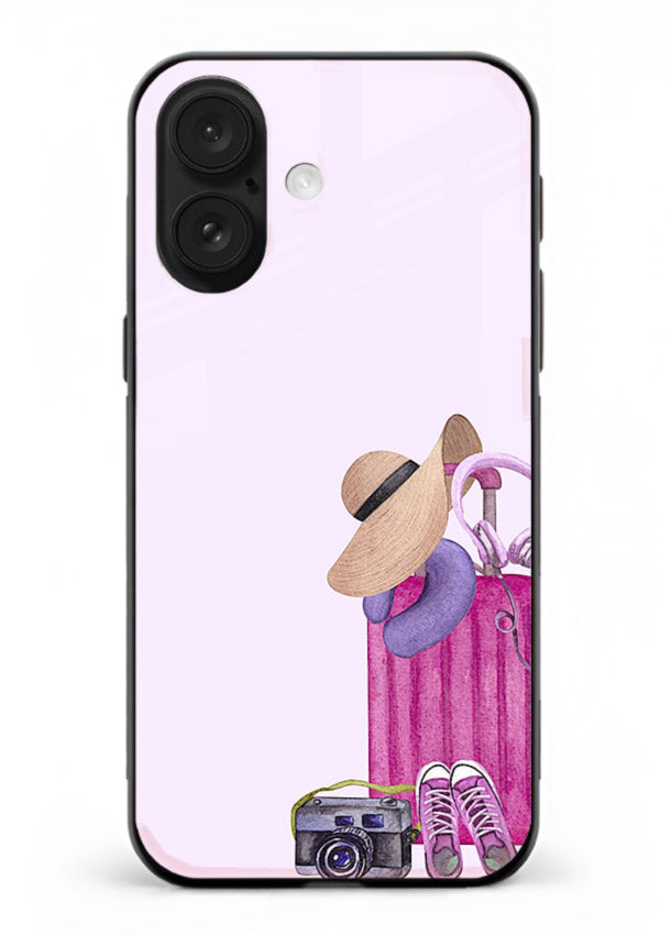 Pink Travel Luggage essentials artwork iphone 16 glass back cover
