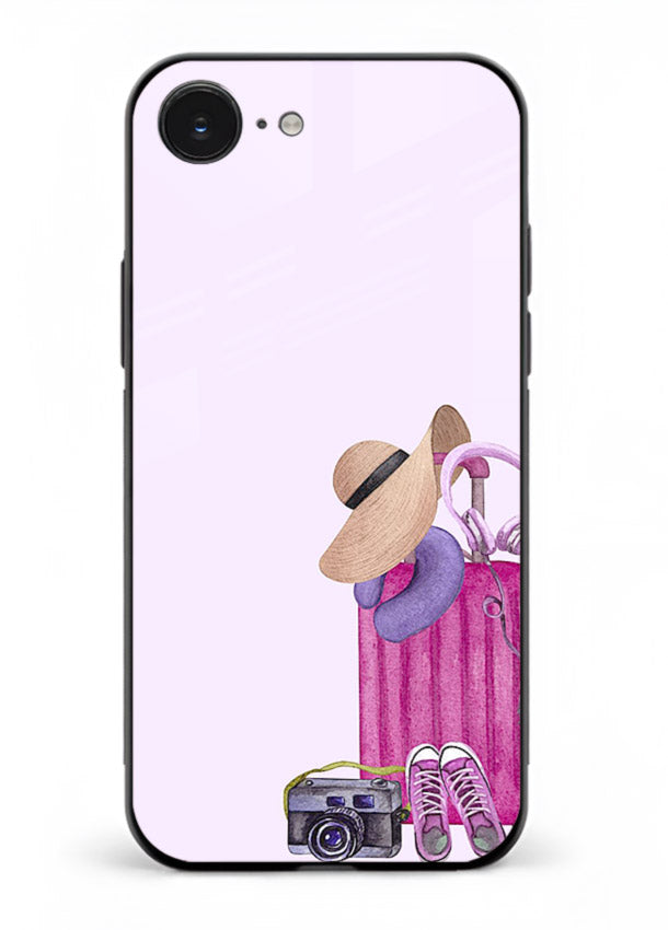 Pink Travel Luggage essentials artwork iphone 16e glass back cover