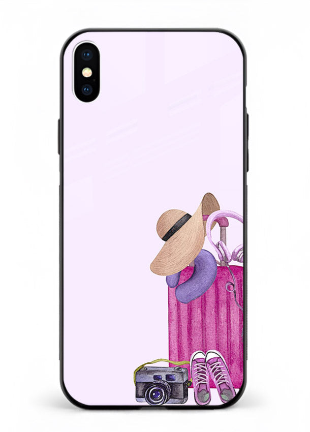 Pink Travel Luggage essentials artwork iphone xs max glass back cover