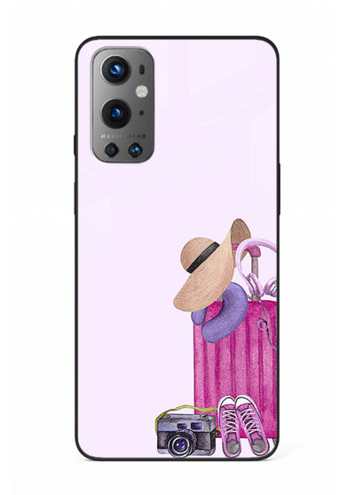 Pink Travel Luggage essentials artwork OnePlus 9 glass back cover