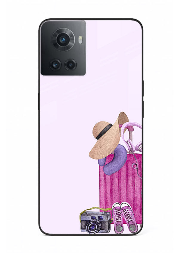 Pink Travel Luggage essentials artwork OnePlus 10R glass back cover