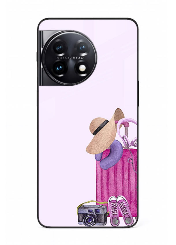 Pink Travel Luggage essentials artwork OnePlus 11R glass back cover