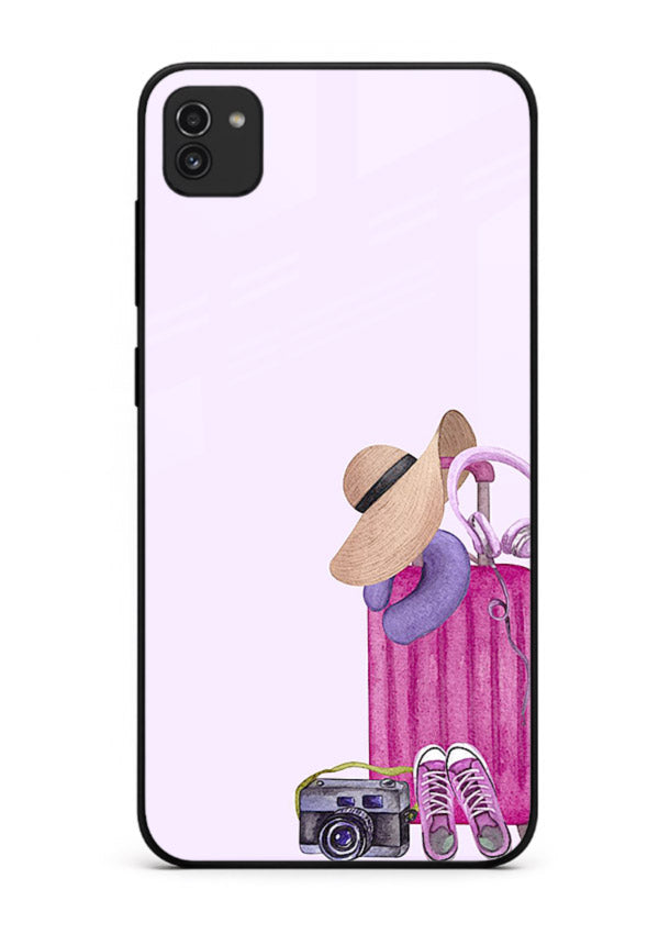 Pink Travel Luggage essentials artwork Samsung A03 glass back cover