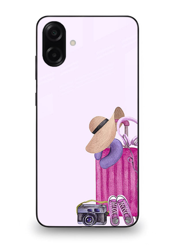 Pink Travel Luggage essentials artwork Samsung A07 4G glass back cover