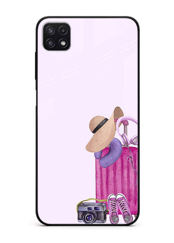 Pink Travel Luggage essentials artwork Samsung A22 5G glass back cover