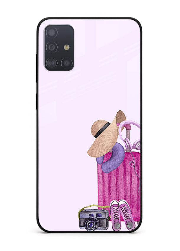 Pink Travel Luggage essentials artwork Samsung A71 glass back cover