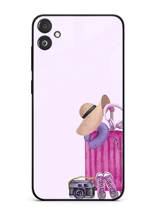 Pink Travel Luggage essentials artwork Samsung F14 5G glass back cover