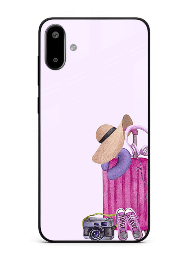 Pink Travel Luggage essentials artwork Samsung F06 5G glass back cover