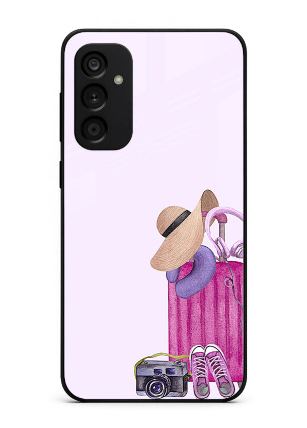 Pink Travel Luggage essentials artwork Samsung F15 5G glass back cover