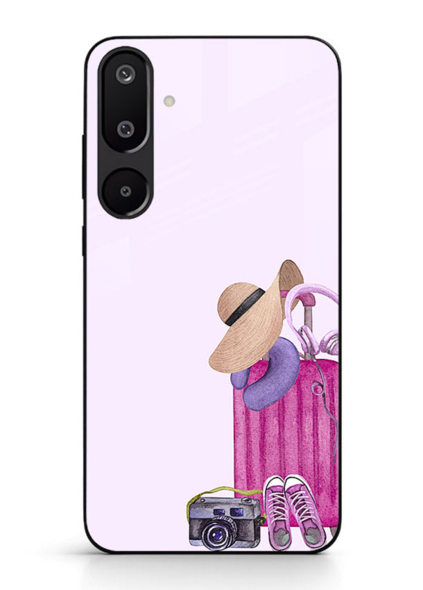 Pink Travel Luggage essentials artwork Samsung M16 5G glass back cover