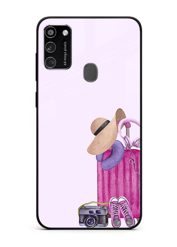 Pink Travel Luggage essentials artwork Samsung M21 glass back cover