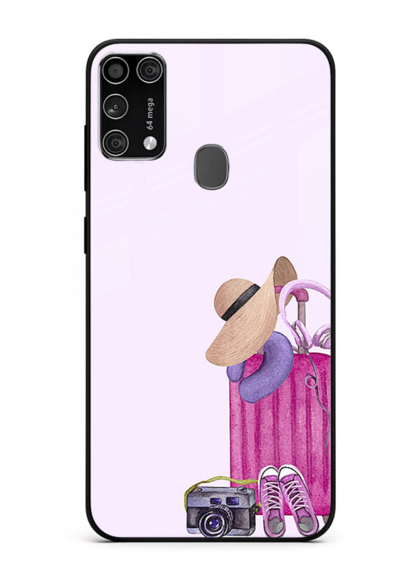 Pink Travel Luggage essentials artwork Samsung M31 Prime glass back cover