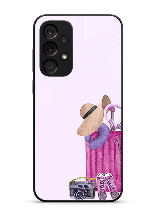 Pink Travel Luggage essentials artwork Samsung A23 5G glass back cover