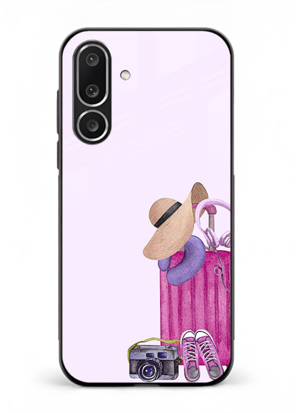 Pink Travel Luggage essentials artwork Samsung M56 5G glass back cover