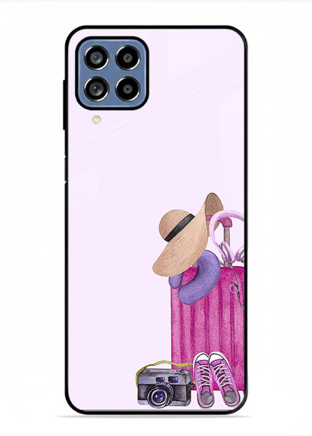 Pink Travel Luggage essentials artwork Samsung M53 5G glass back cover
