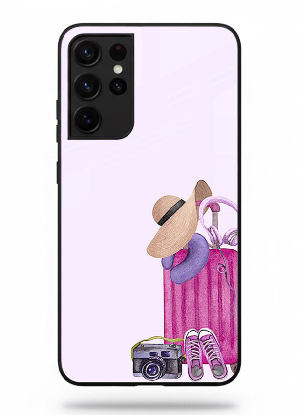 Pink Travel Luggage essentials artwork Samsung S21 Ultra glass back cover