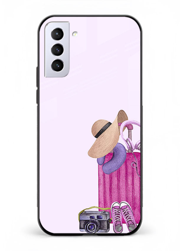 Pink Travel Luggage essentials artwork Samsung S21 FE glass back cover
