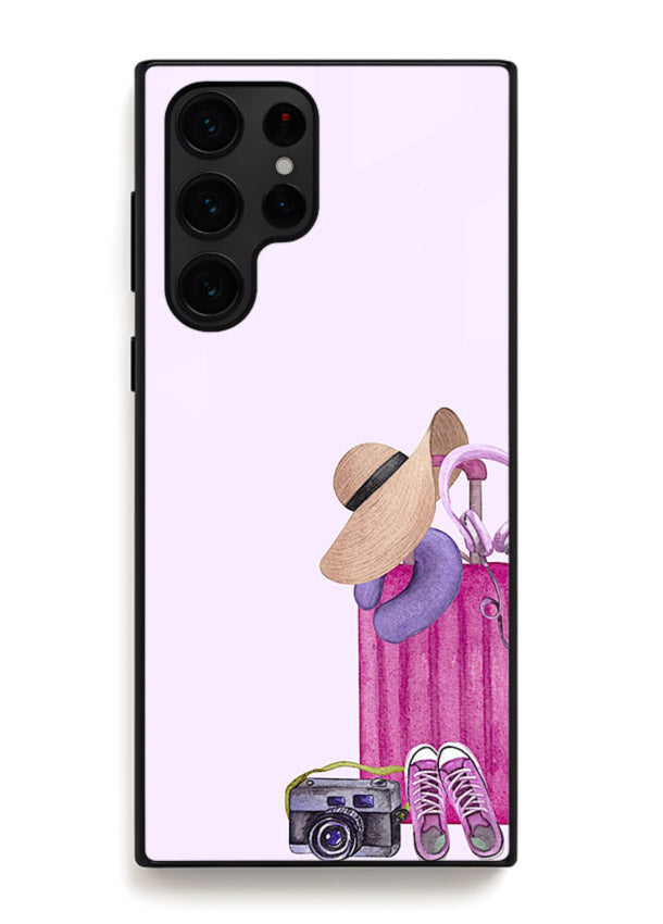 Pink Travel Luggage essentials artwork Samsung S23 Ultra glass back cover