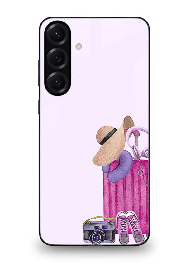 Pink Travel Luggage essentials artwork Samsung A36 5G glass back cover