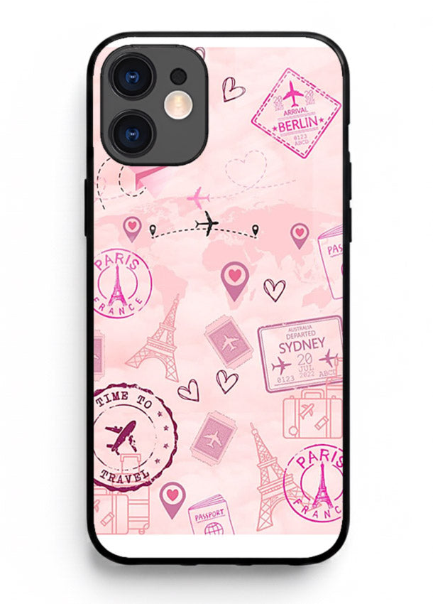 Pink Travel Stickers pastel collage artwork iphone 12 glass back cover