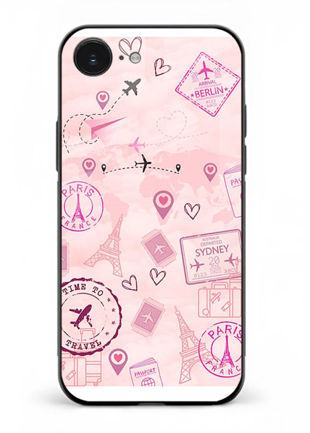Pink Travel Stickers pastel collage artwork iphone 16e glass back cover