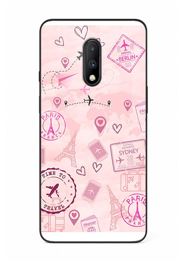 Pink Travel Stickers pastel collage artwork OnePlus 7 glass back cover