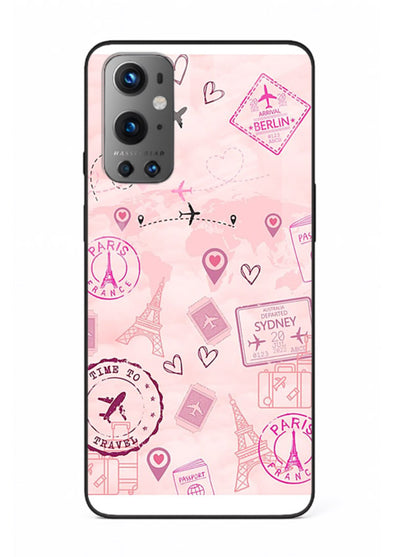 Pink Travel Stickers pastel collage artwork OnePlus 9 glass back cover