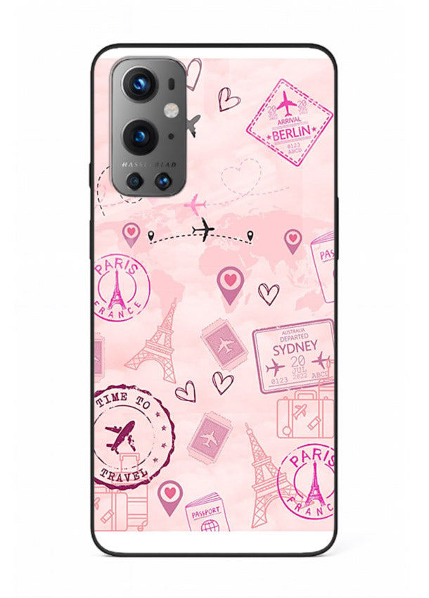 Pink Travel Stickers pastel collage artwork OnePlus 9 glass back cover
