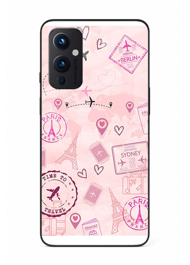 Pink Travel Stickers pastel collage artwork OnePlus 9 Pro glass back cover