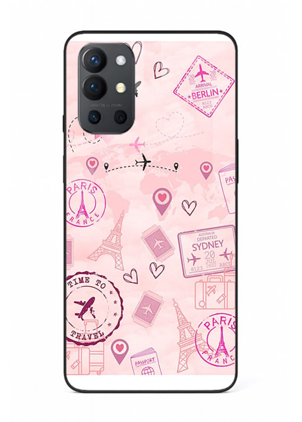 Pink Travel Stickers pastel collage artwork OnePlus 9R glass back cover