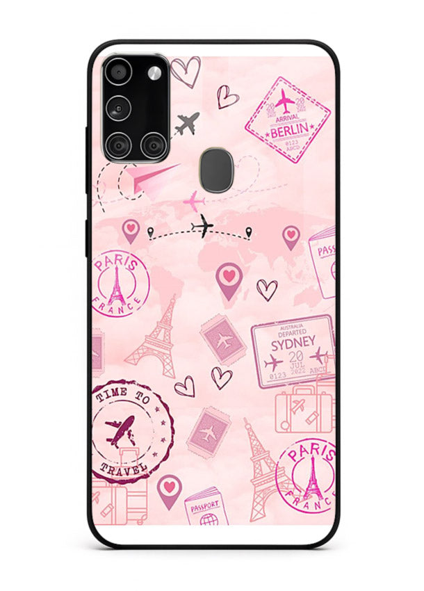 Pink Travel Stickers pastel collage artwork Samsung A21s glass back cover