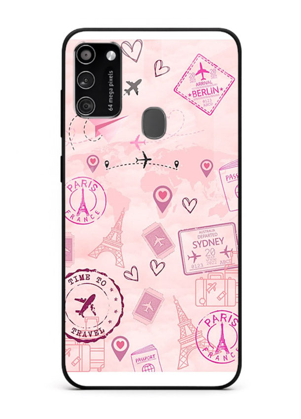 Pink Travel Stickers pastel collage artwork Samsung M21 glass back cover