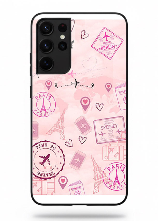 Pink Travel Stickers pastel collage artwork Samsung S21 Ultra glass back cover