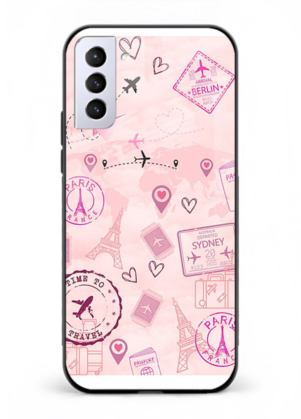 Pink Travel Stickers pastel collage artwork Samsung S21 FE glass back cover