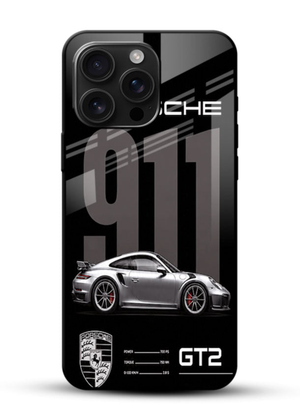 Porsche 911 GT2 glass back cover with monochrome spec-sheet style design - 1