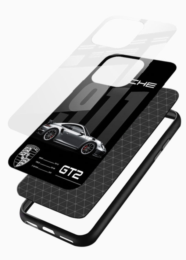Porsche 911 GT2 glass back cover with monochrome spec-sheet style design - 3