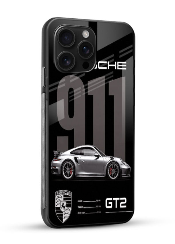Porsche 911 GT2 glass back cover with monochrome spec-sheet style design - 2