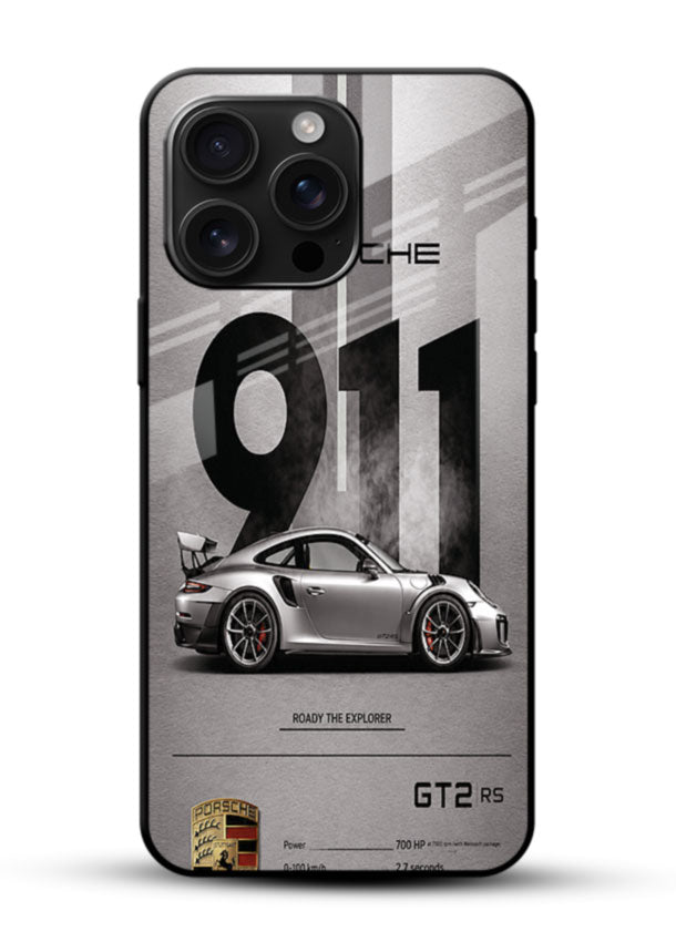 Porsche 911 Grey glass back cover with spec-sheet style car design - 1