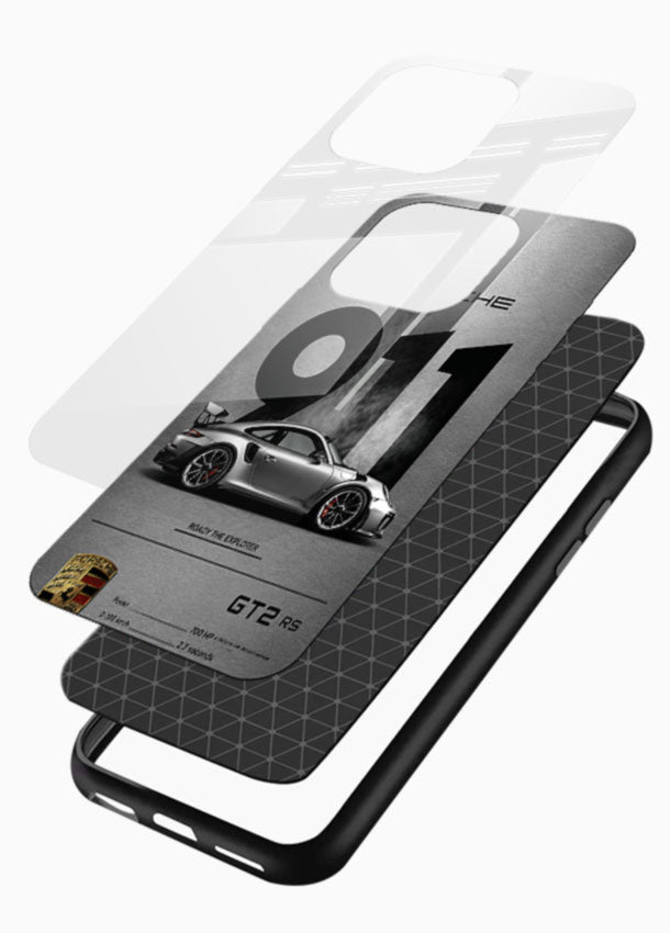 Porsche 911 Grey glass back cover with spec-sheet style car design - 3