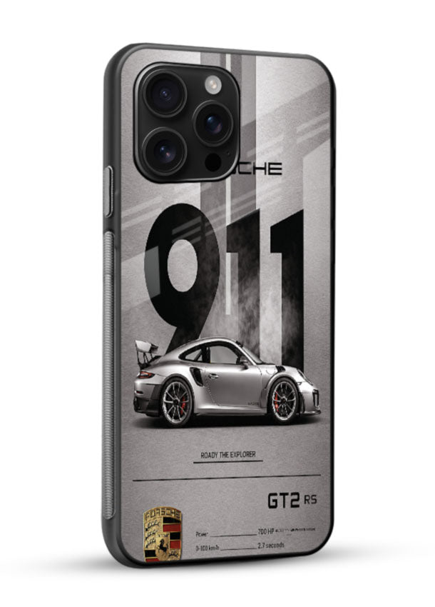 Porsche 911 Grey glass back cover with spec-sheet style car design - 2