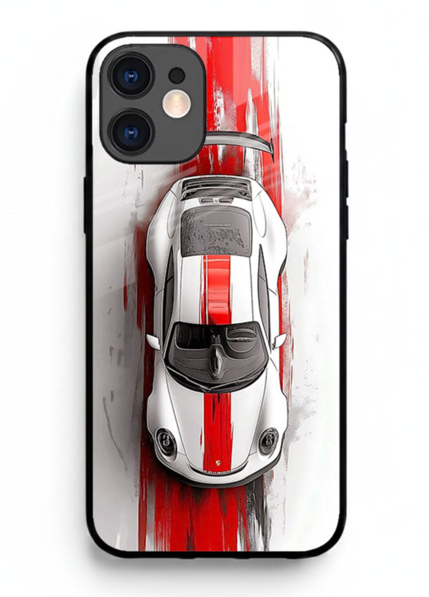 Porsche GT3 with bold center racing stripe in clean minimal top view design for iPhone 12 Mini
