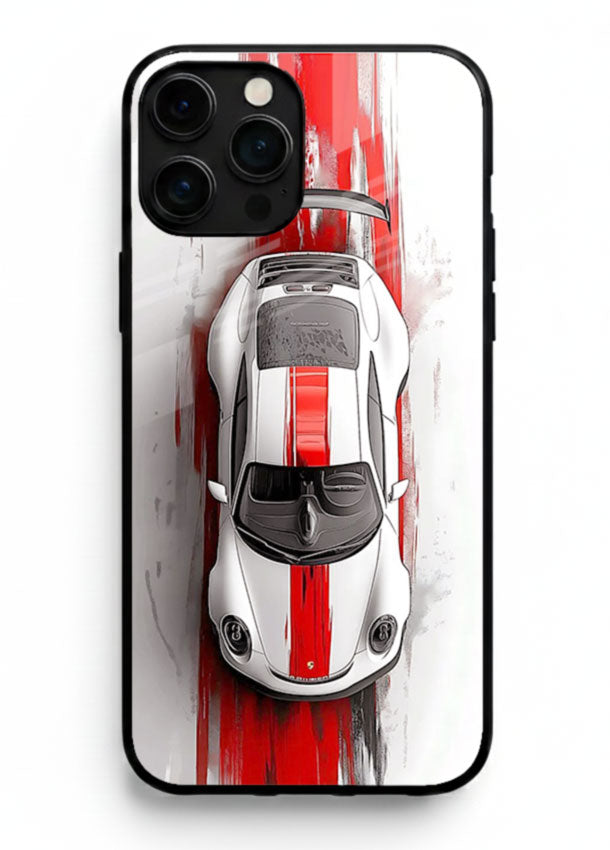 Porsche GT3 with bold center racing stripe in clean minimal top view design for iPhone 16 Pro Max