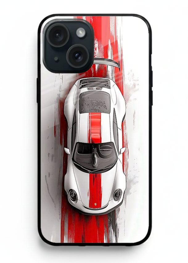 Porsche GT3 with bold center racing stripe in clean minimal top view design for iPhone 15 Plus