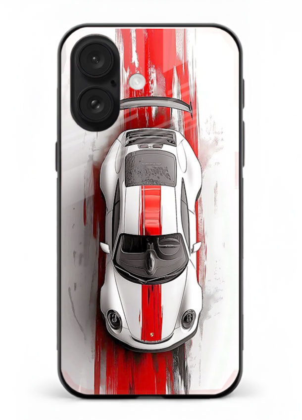 Porsche GT3 with bold center racing stripe in clean minimal top view design for iPhone 18