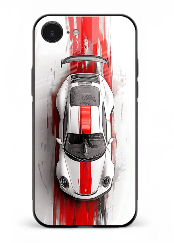 Porsche GT3 with bold center racing stripe in clean minimal top view design for iPhone 16E
