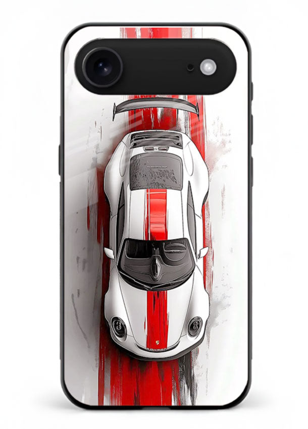Porsche GT3 with bold center racing stripe in clean minimal top view design for iPhone 18 Air